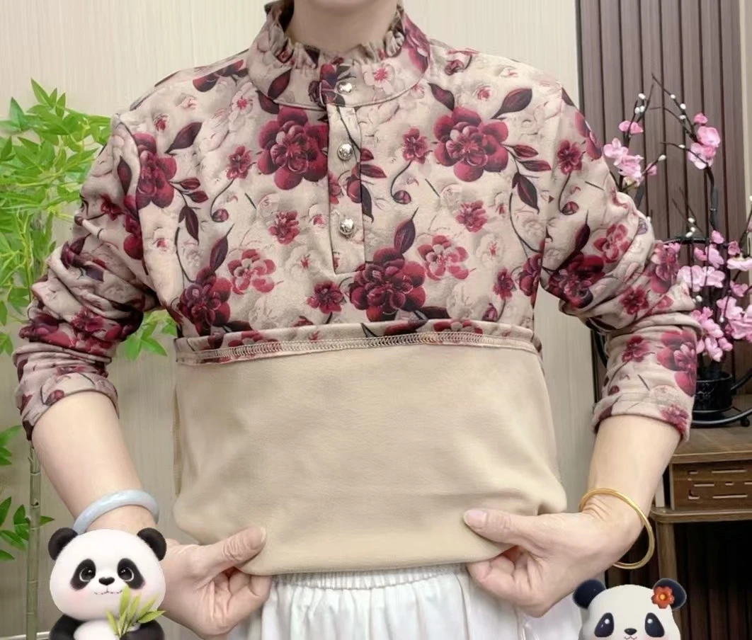 [澳绒]加绒加厚款打底衫女士木耳边印花长袖内搭妈妈洋气外穿上衣