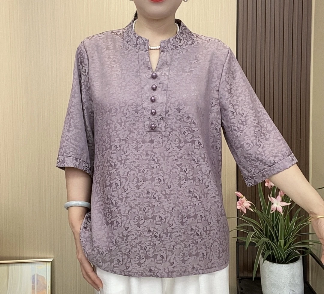 丁香紫  新款上新 提花 V领 五分袖 高端气质宽松时尚 中老年小衫