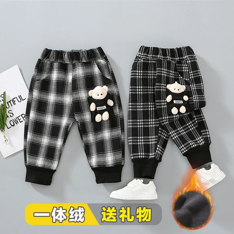宝宝加绒裤子秋冬款男童一体绒裤保暖时尚加厚卫裤小童束脚裤儿童