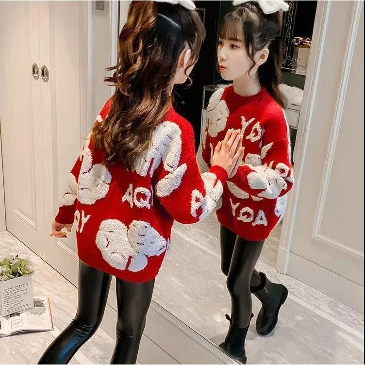 女童加厚毛衣2022新款秋冬装韩版中大童套头小熊加绒加厚针织儿童