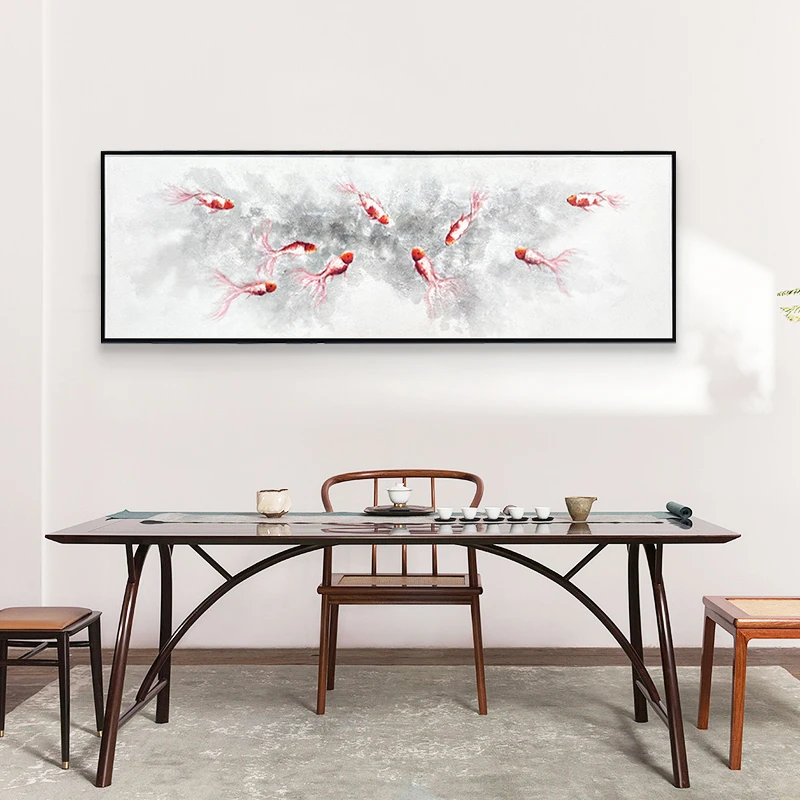 横版九鱼聚财|手工手绘油画新中式客厅背景卧室床头挂画