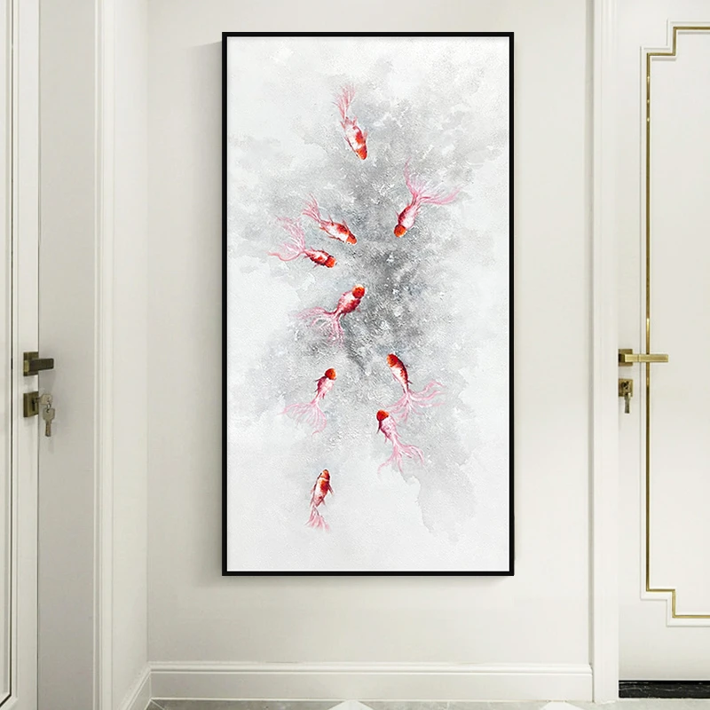 九鱼聚财|手绘油画装饰画新中式高级感玄关过道背景墙挂画LDY-015