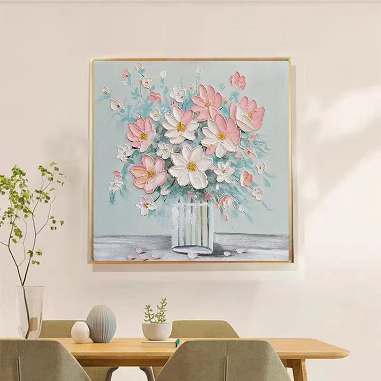 ¬山茶花手工手绘油画装饰画现代轻奢高级感餐厅床头走廊玄关挂画