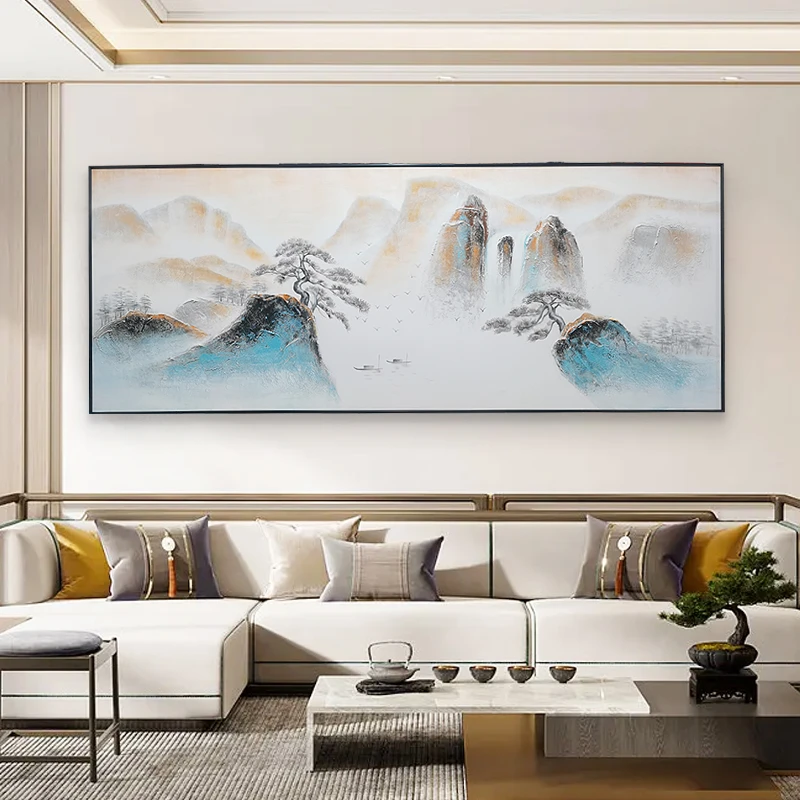 横版山松|纯手工纯手绘油画装饰画新中式客厅沙发背景挂画