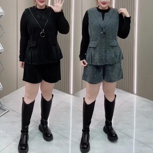 【三件套】高品质大码减龄马甲套装显瘦秋冬加厚加绒马甲+打底+短裤