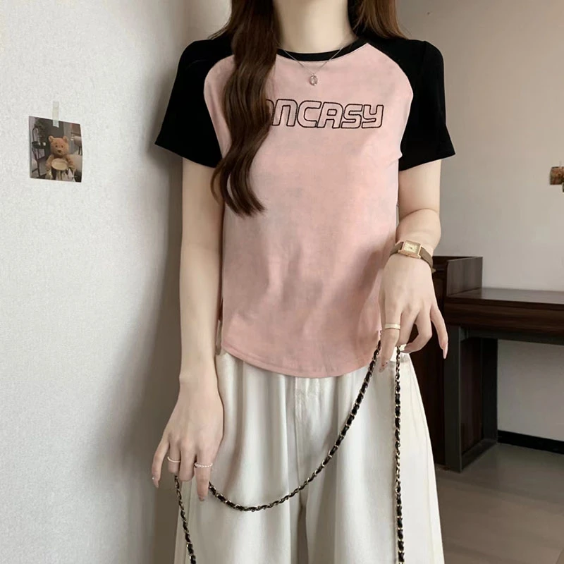 2024夏装新款时尚百搭显瘦撞色插肩印花字母正肩t恤