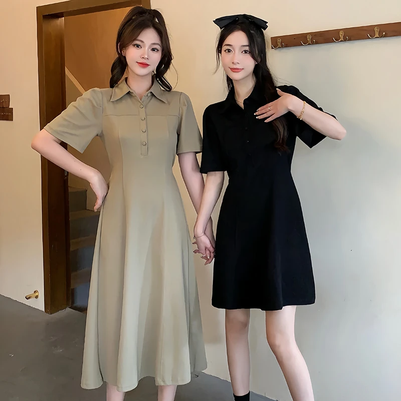 30749 2024夏装新款女大码胖mm长短款半开领闺蜜装收腰系带连衣裙