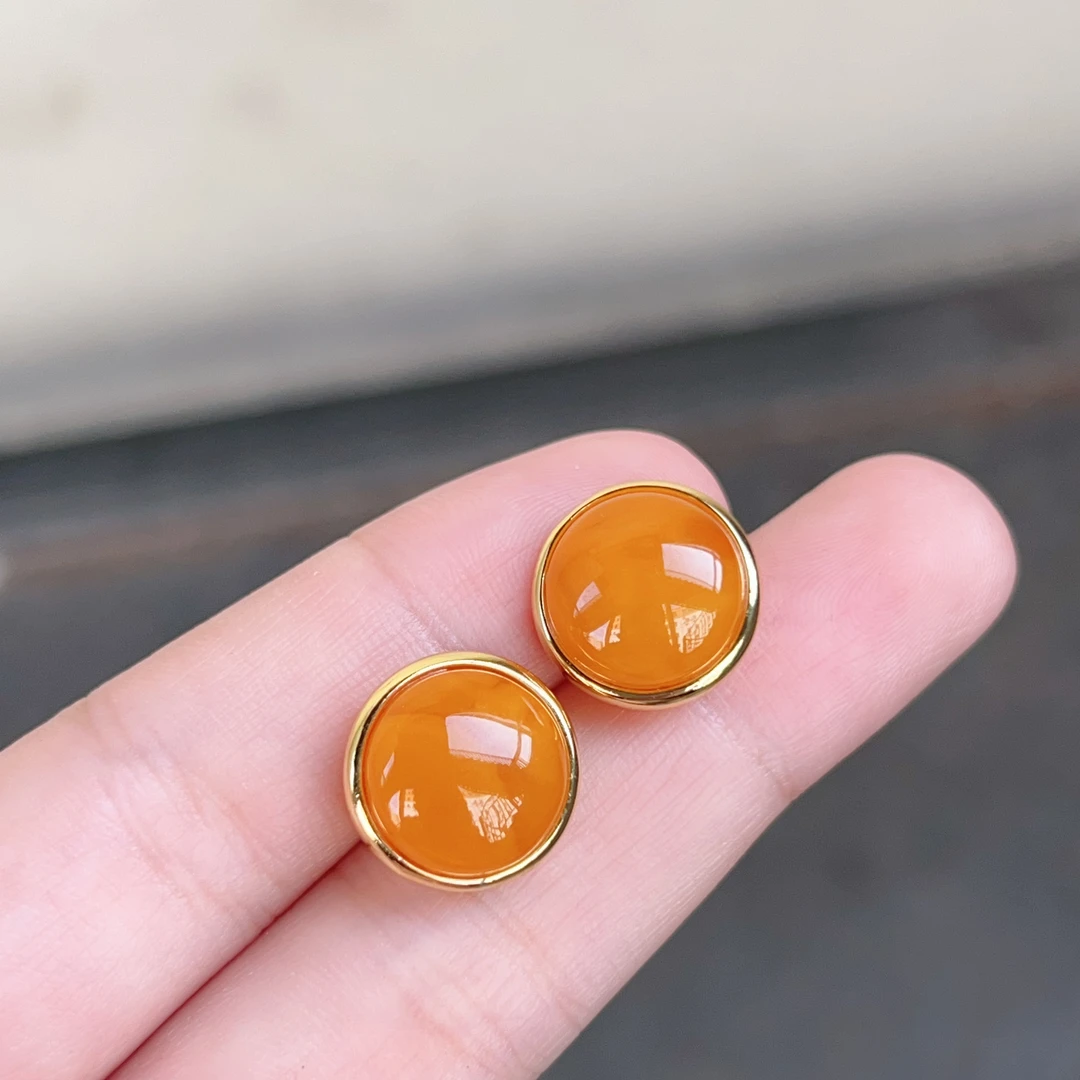 天然蜜蜡蛋面耳钉