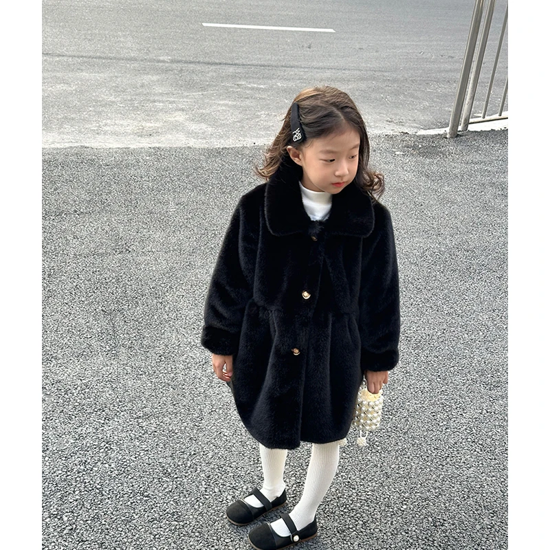 儿童加厚毛毛外套女童洋气中长款韩版翻领环保毛宝宝女童大衣黑色