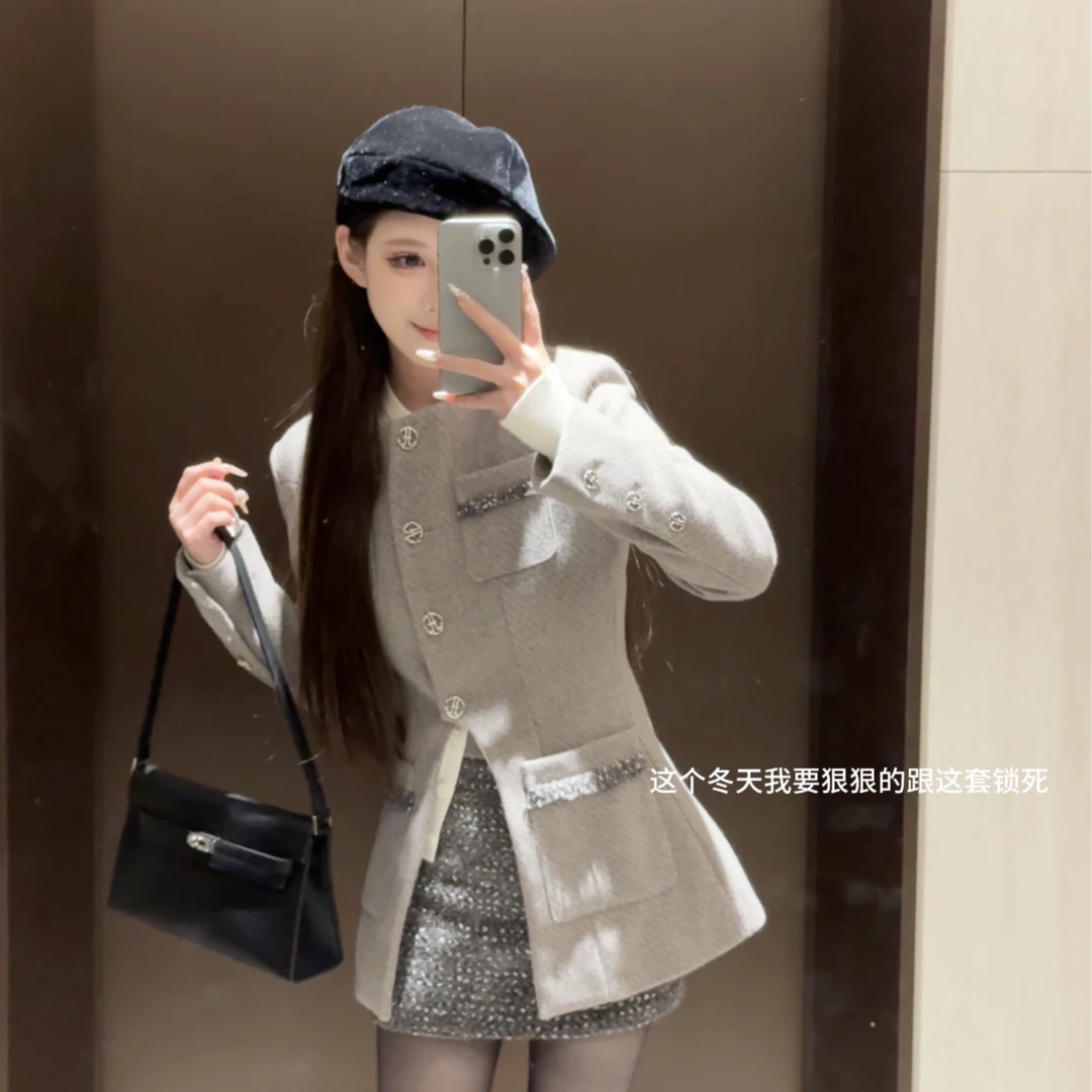 橙两件套 轻奢小香风灰收腰开叉毛呢上衣圆领+亮丝短裙 千金套装