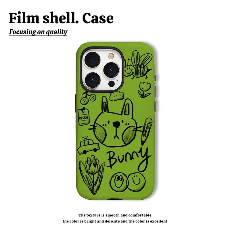 绿底小兔涂鸦手机壳适用苹果15华为oppo小米vivo菲林二合一荣耀女