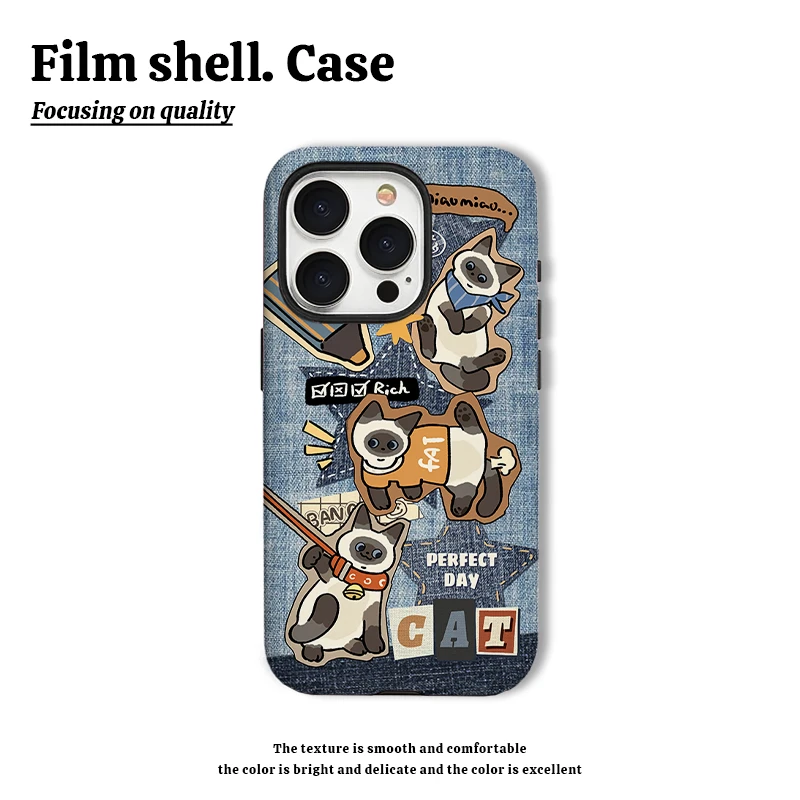 牛仔猫咪手机壳适用于苹果15华为oppo小米vivo菲林二合一荣耀60