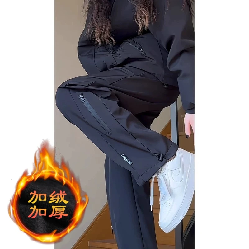 加绒加厚冲锋裤男女款户外登山美式工装裤秋冬新款直筒宽松休闲裤