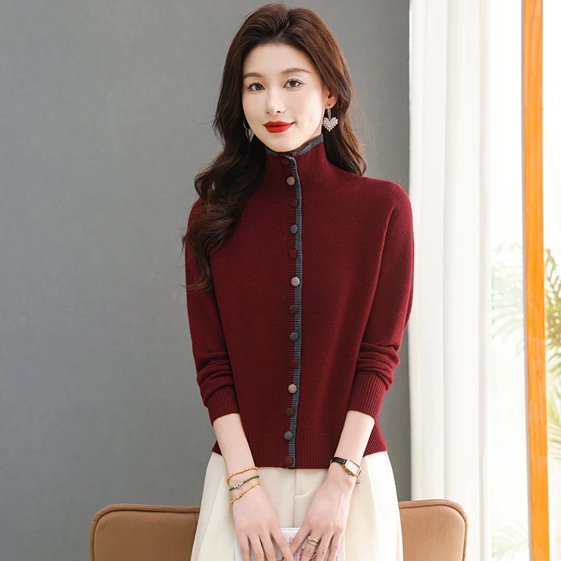 高级感气质优雅立领打底衫女秋冬套头毛衣短款翻领显瘦百搭针织衫