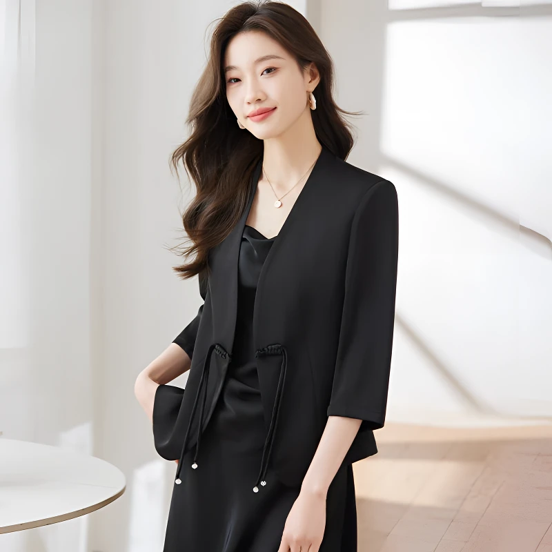 新中式国风西装外套女夏季七分袖薄款2024新款短款小个子西服上衣