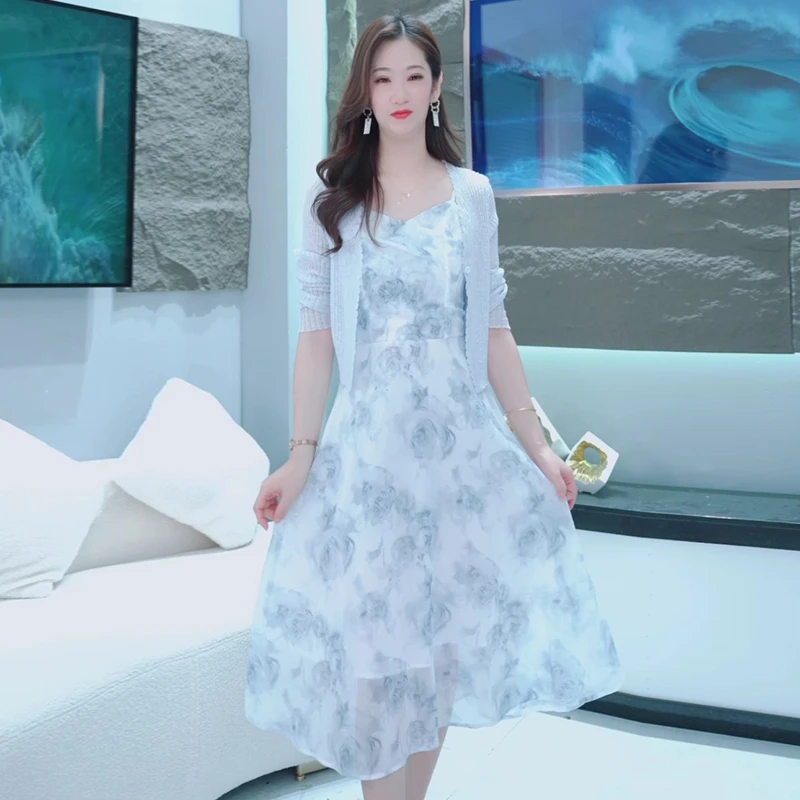 V领吊带裙+开衫夏季气质新款女装两件套裙子收腰连衣裙套装3026