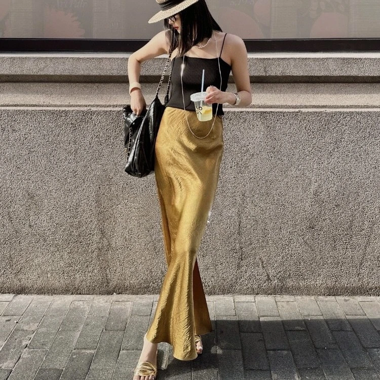 轻奢高端立体斜裁垂感褶皱醋酸缎面开衩鱼尾百搭显瘦长款半身裙