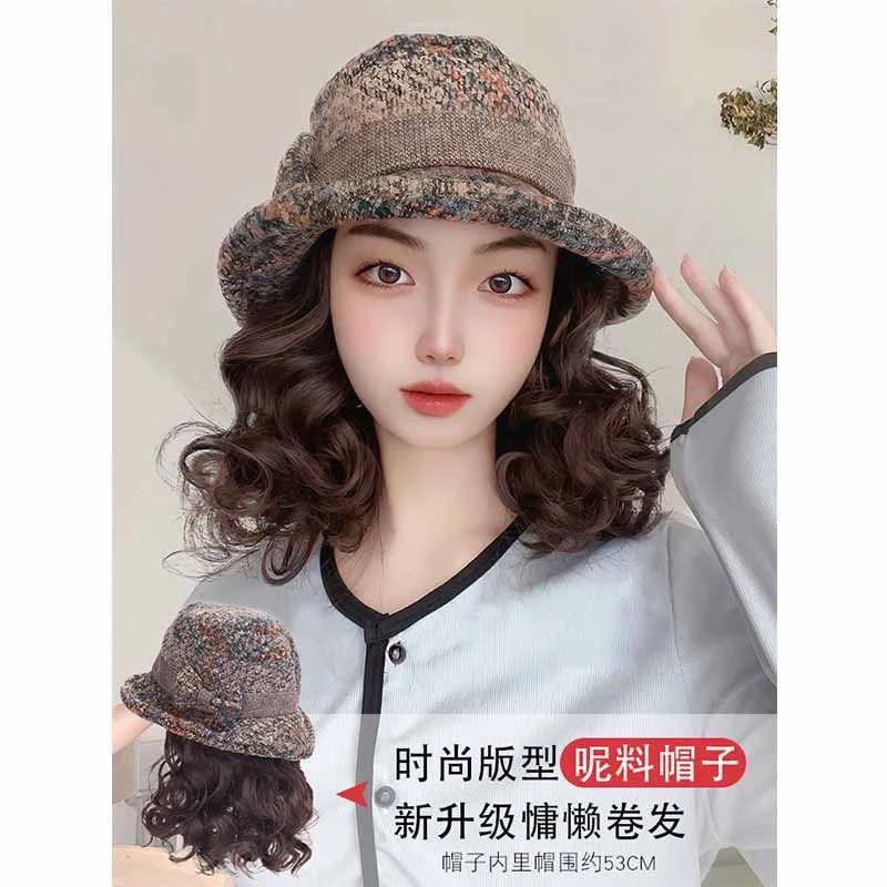 秋冬季帽子假发一体帽渔夫帽妈妈盆帽加厚奶奶中老年人毛呢帽子