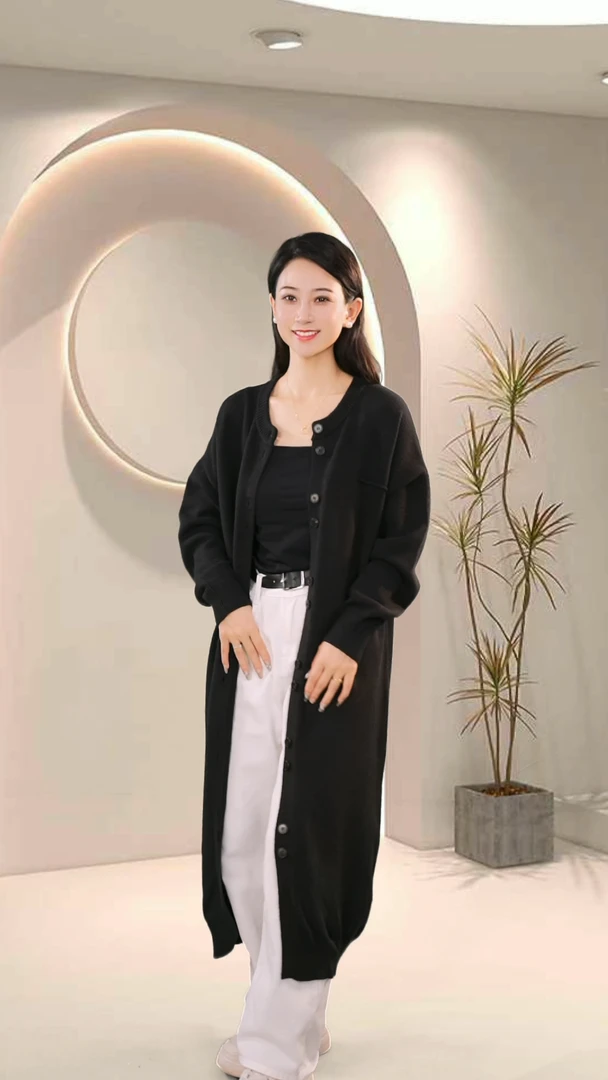 慵懒风双扣设计长款过膝宽松针织开衫【KJ101】