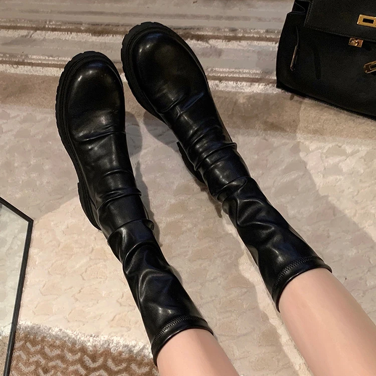 葡萄妈秋冬新款弹力皱皱靴厚底粗跟堆堆中筒靴短靴子女