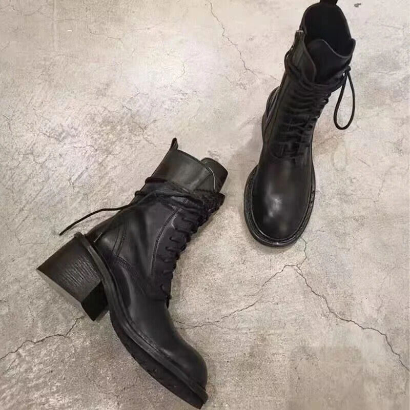 重磅巨推！复古暗黑风8厘米高跟真皮短靴网红圆头粗跟马丁靴女