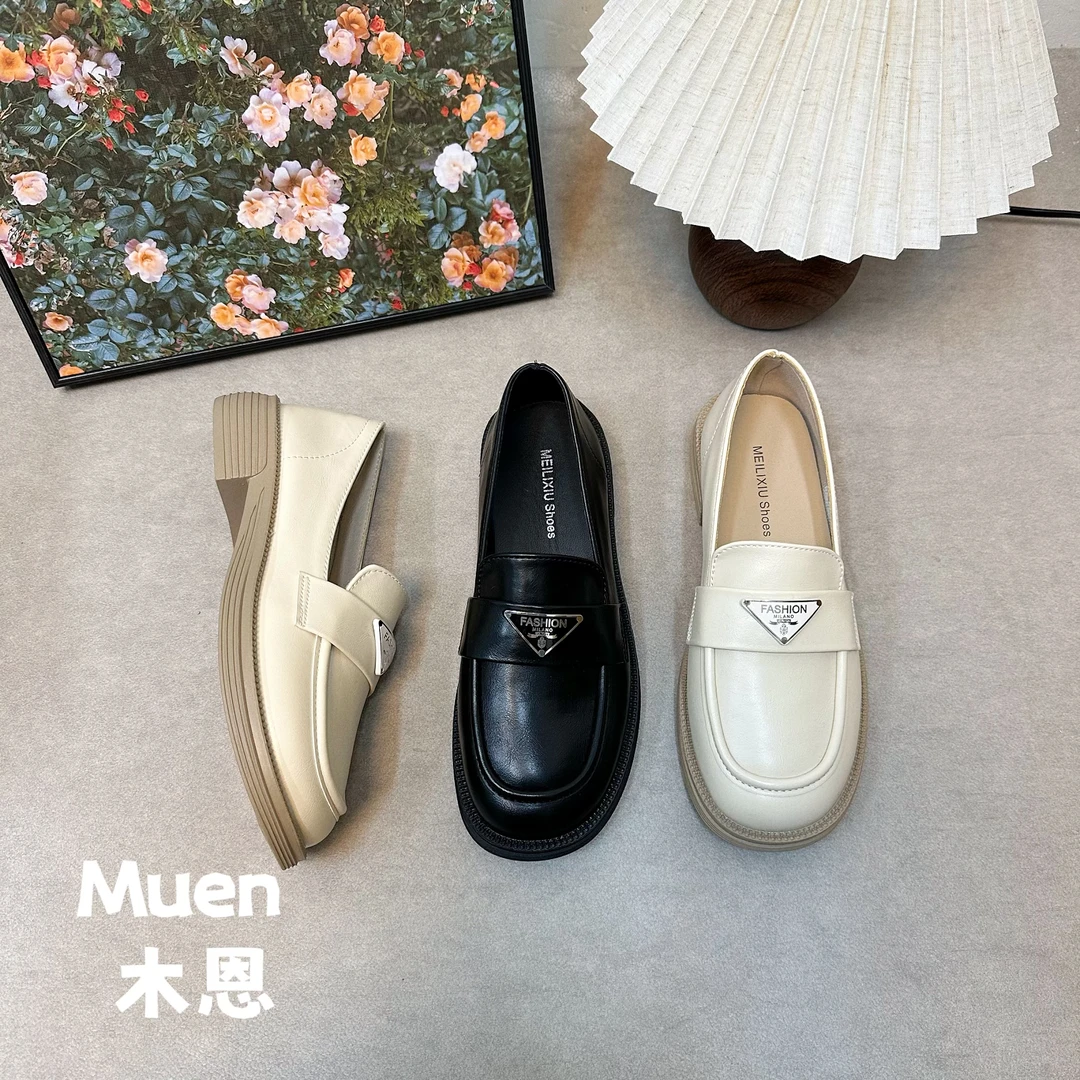 【木恩】三角标乐福鞋女2023秋季新款厚底一脚蹬小皮鞋黑色单鞋女