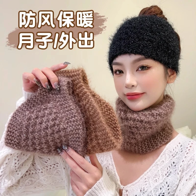 月子发带产后头套冬天保暖防风发箍针织毛线发带女宽边遮白发头箍