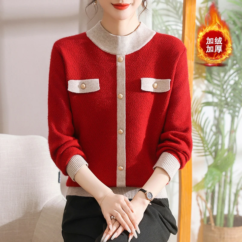 中年妈妈装秋冬新款气质时尚加绒保暖假两件针织一体绒毛衣上衣服