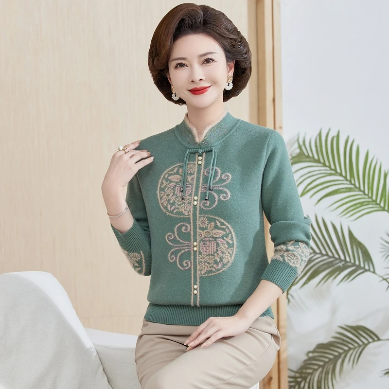 中年妈妈装冬季加绒加厚毛衣洋气中老年女旗袍领上衣一体绒打底衫