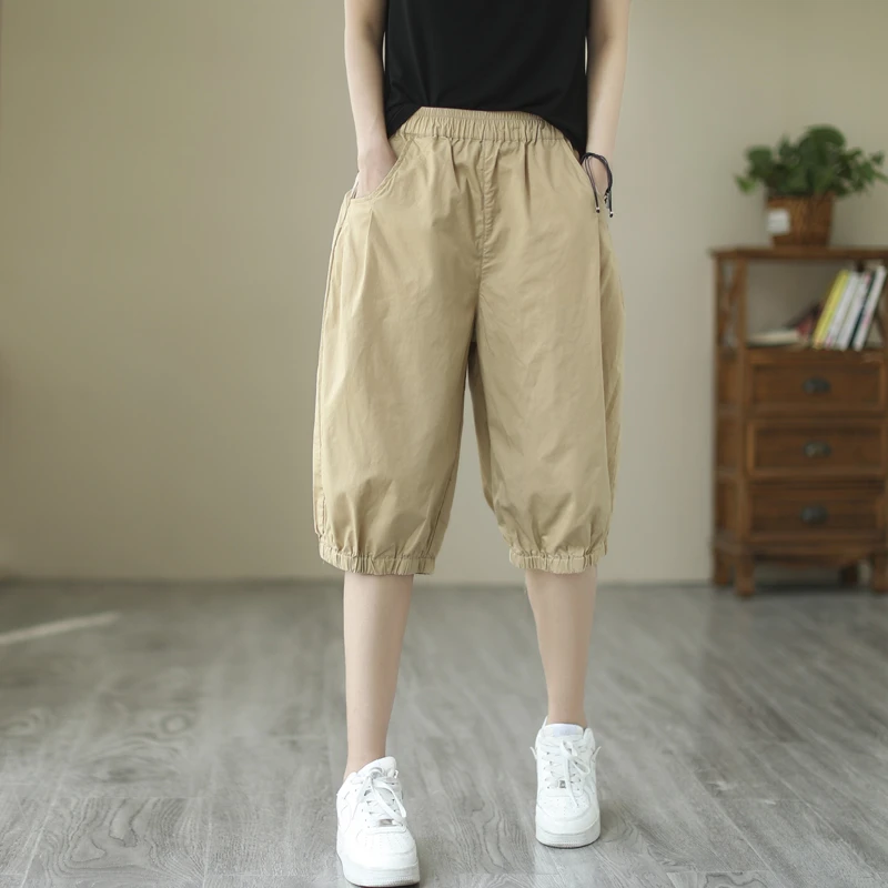 休闲纯棉短裤女宽松大码直筒高腰五分裤阔腿松紧腰哈伦裤中裤六分