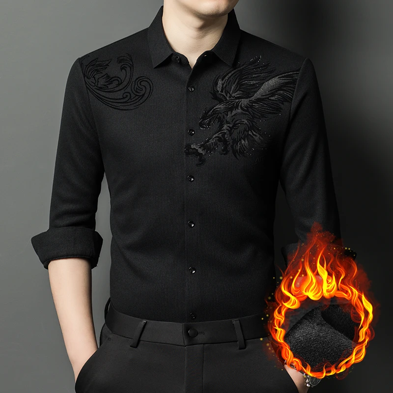 皮尔卡丹含山羊绒高档男士长袖衬衣加绒保暖中年商务休闲冬季衬衫