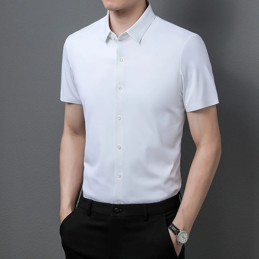 皮尔卡丹新款夏季纯色冰丝免烫抗皱无痕休闲男士男款短袖衬衫