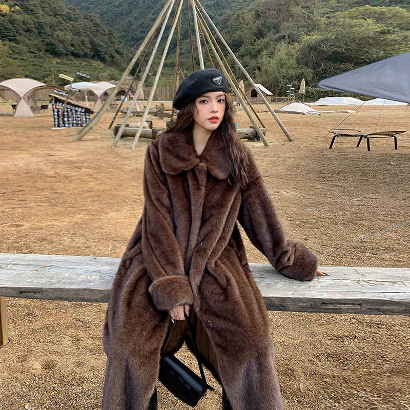 棕色仿水貂大衣气质宽松长款毛毛环保仿皮草大衣过膝加厚毛绒外套