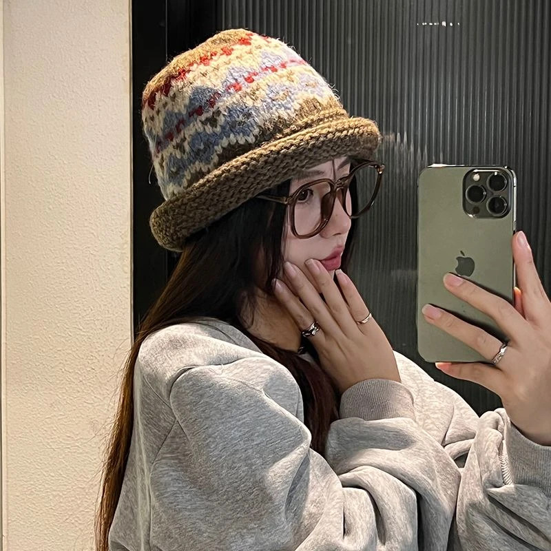 费尔岛手工民族针织盆帽女秋冬百搭保暖显脸小卷边加厚毛线渔夫帽