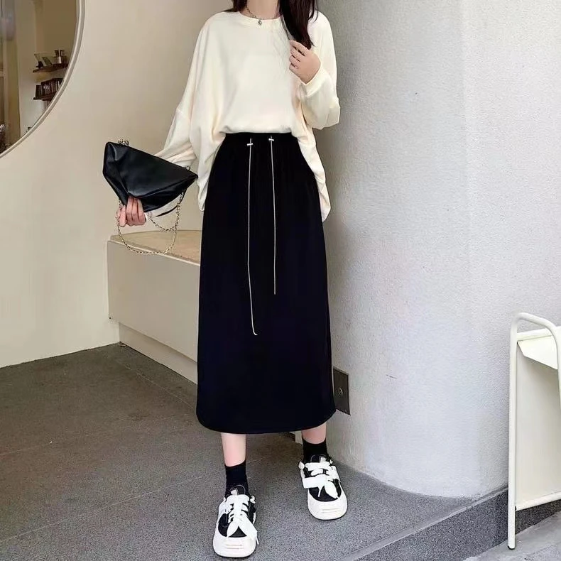 秋冬款链条抽绳垂感复古韩版纹理半身裙女秋直筒中长款裙3373