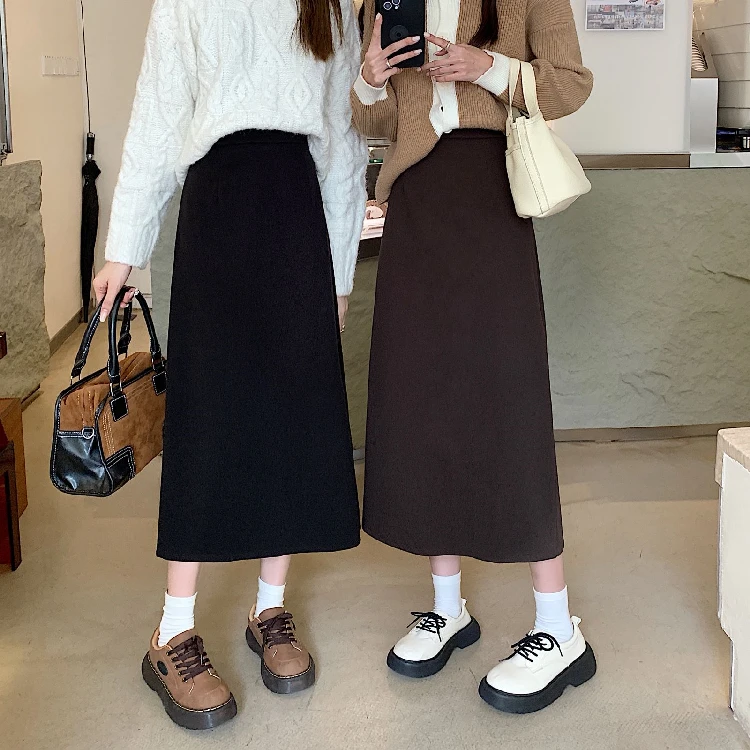 秋冬毛呢半身裙时尚后开叉松紧腰百搭过膝A字裙小个子一步裙女