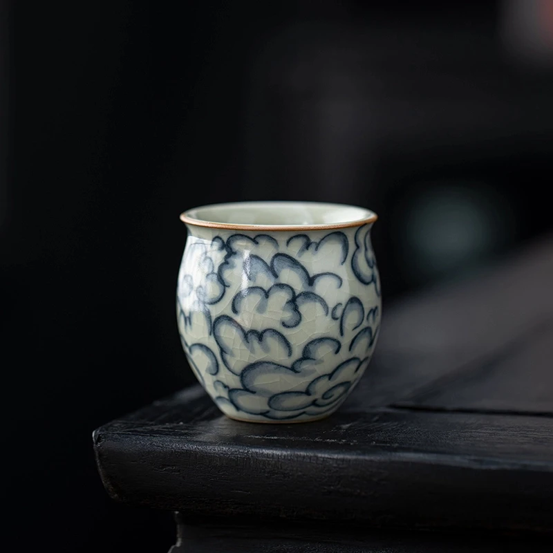 祥云纹汝瓷束口杯家用仿古青花瓷主人杯大号茶杯陶瓷茶具