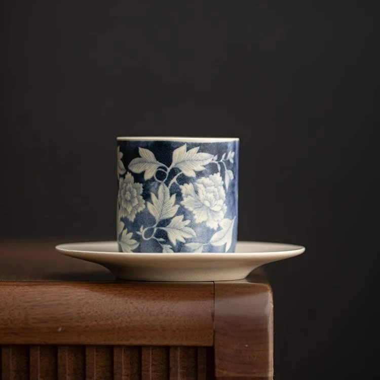 复古元青花国色杯碟套组家用单个粗陶品茗杯磨砂杯垫套陶瓷