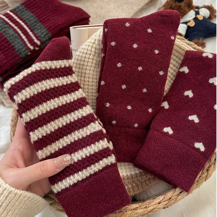 安哥拉红羊毛袜子女中筒袜秋冬加绒加厚保暖日系复古条纹羊绒长袜