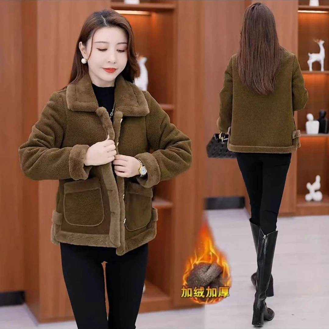 加绒加厚秋冬新款毛呢外套女装冬季时尚洋气休闲百搭上衣开衫套装