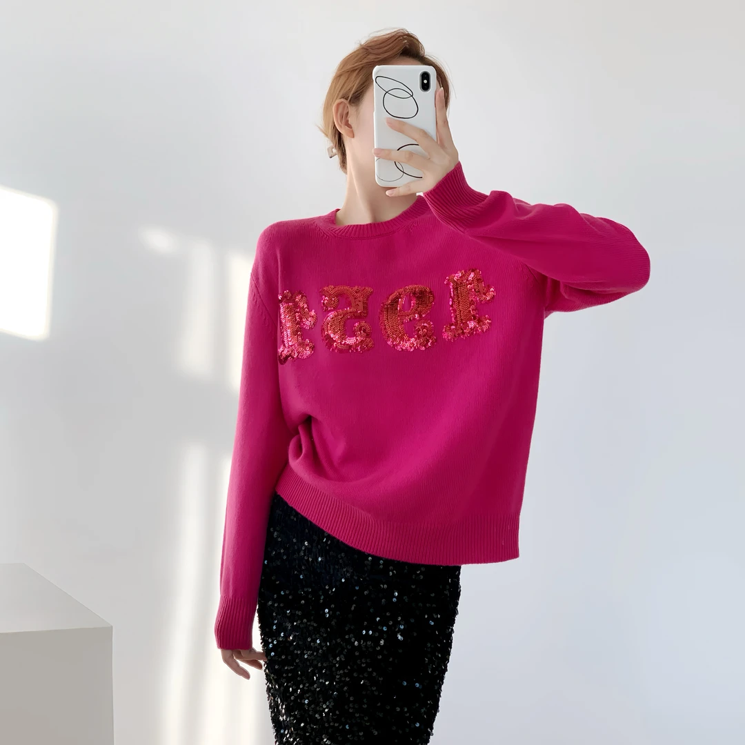 数字亮片美式毛衣24秋冬新款宽松小众针织上衣长袖羊毛衫休闲百搭