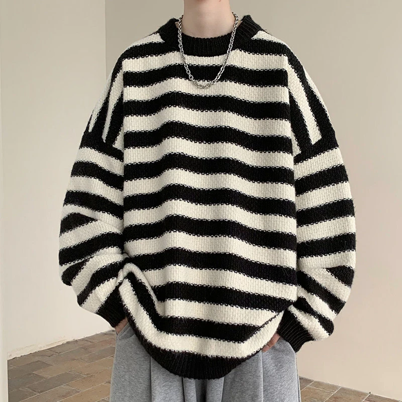 条纹毛衣男暖冬几新款潮流百搭宽松套头针织衫美式复古线衣MY1112