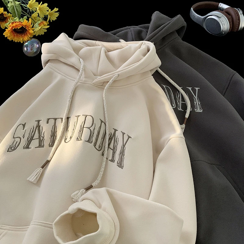 字母刺绣美式重磅连帽卫衣ins男士秋季新款潮流百搭宽松带帽上衣