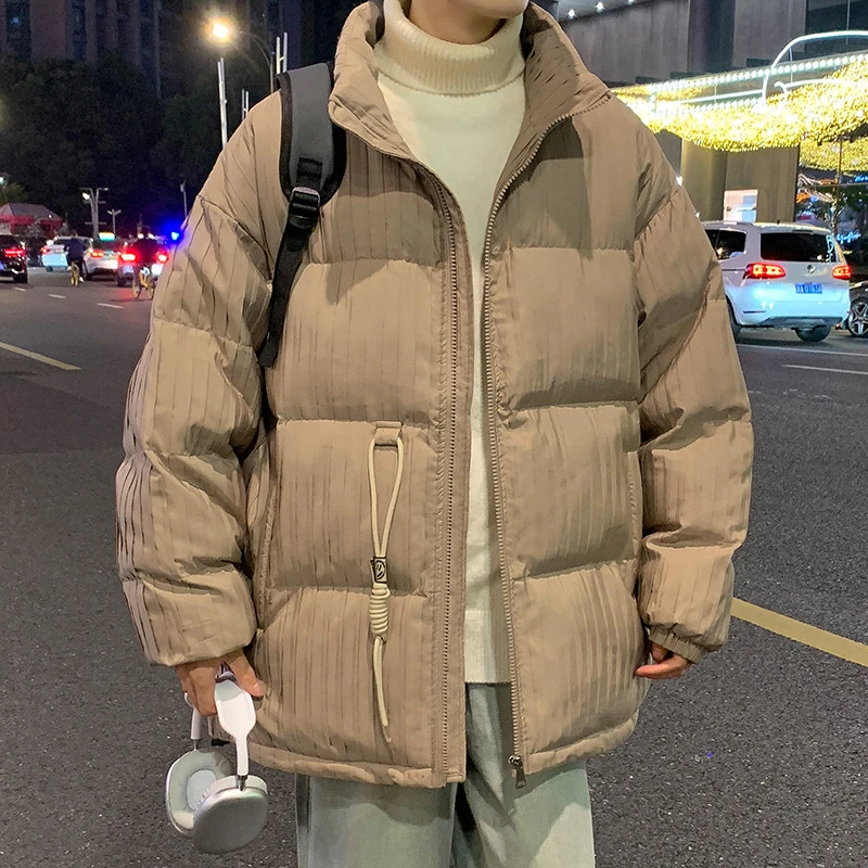 条纹褶皱棉服男秋冬季新款加厚潮流宽松大码港风立领棉衣外套M192