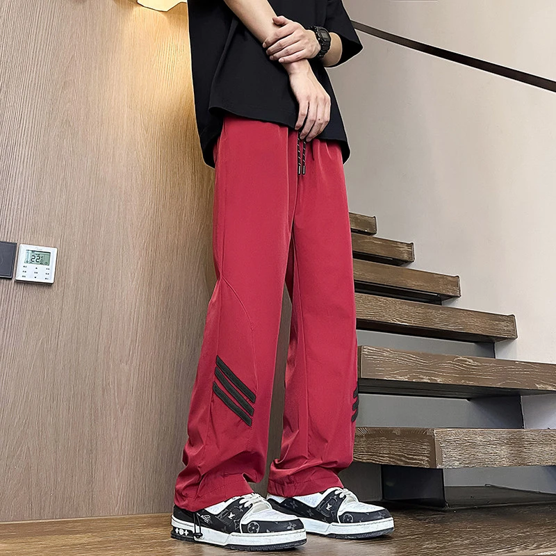 秋季条纹三条杠直筒抽绳运动卫裤男美式oversize高街hiphop休闲裤