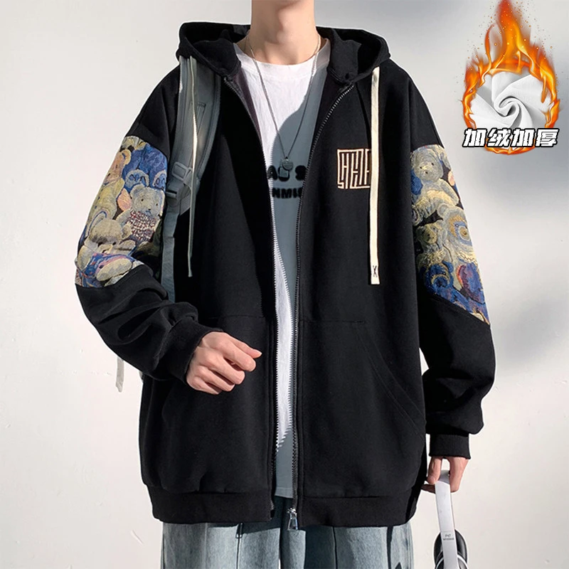 新款国风小熊刺绣连帽卫衣男士秋冬款加绒加厚潮流青少年HW123833