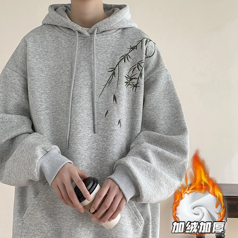 新中式国风刺绣卫衣男秋冬季加绒加厚重磅美式复古连帽外套W1830