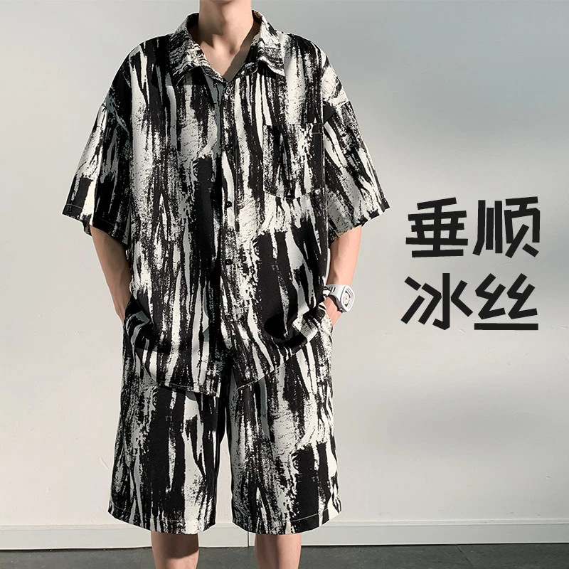夏季新款休闲时尚套装男百搭衬衫短袖短裤沙滩度假套装痞帅衬衣潮