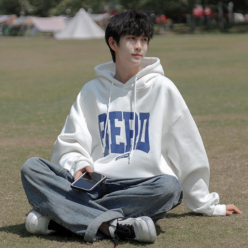 盐系少年感白色连帽卫衣男春秋季cityboy字母印花帽衫高街卫衣男