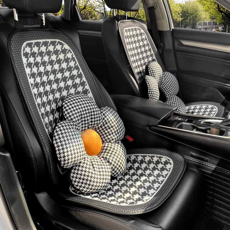 汽车坐垫夏季四季通用款冰丝透气黑边千鸟格花朵腰靠简约座垫车用